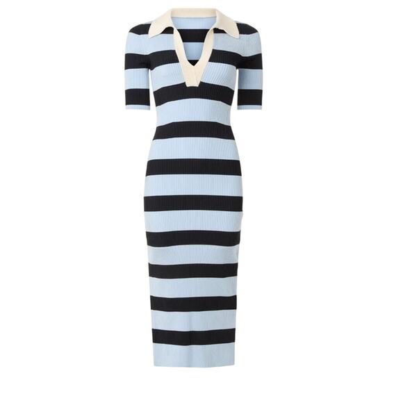A.L.C. Blue Black Stripe Polo Midi Dress XL Preppy Ribbed Knit Designer $500 - Picture 4 of 12
